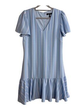 BCBG Paris Light Blue White Stripe Flutter Sleeve Drop Waist Mini Dress M